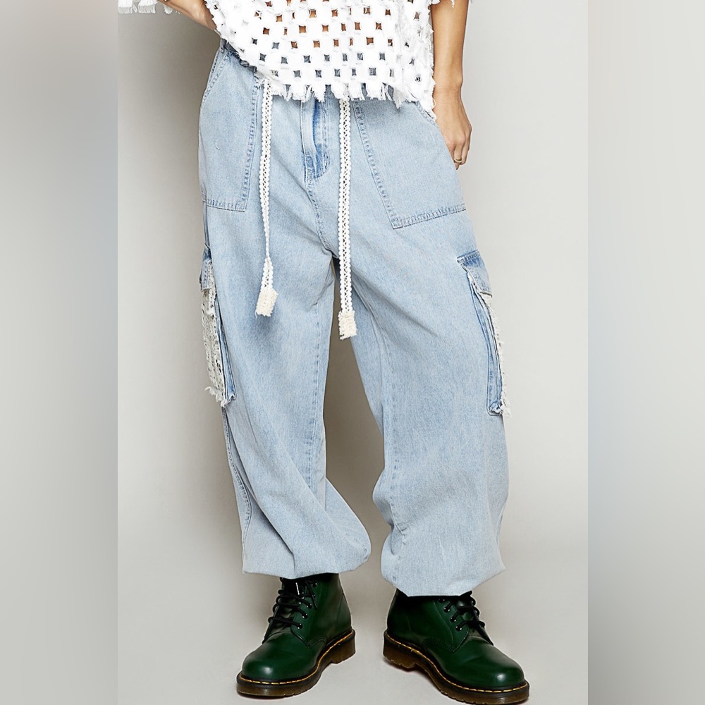 NWT POL Denim Patchwork Crochet Pocket Jogger Style Jeans Joggers Pants - Picture 10 of 15